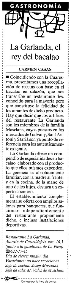 Notcia publicada al diari LA VANGUARDIA sobre les receptes de bacall del restaurant 'La Garlanda' de Gav Mar (2 Abril 1999)